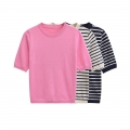 Women's Knit Short Sleeve T-Shirt Striped Round Neck Casual Summer Tee Lightweight Slim Fit Patchwork Pullover Top Streetwear Fashion Basic Knitwear for Ladies