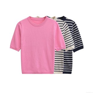 Women's Knit Short Sleeve T-Shirt Striped Round Neck Casual Summer Tee Lightweight Slim Fit Patchwork Pullover Top Streetwear Fashion Basic Knitwear for Ladies