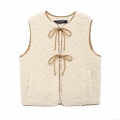 Women's Sherpa Fleece Vest Sleeveless Waistcoat With Brown Tie-Up Front Bow Contrast Piping Warm Winter Off-White Outerwear Top For Women
