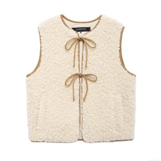 Women's Sherpa Fleece Vest Sleeveless Waistcoat With Brown Tie-Up Front Bow Contrast Piping Warm Winter Off-White Outerwear Top For Women