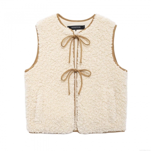 Women's Sherpa Fleece Vest Sleeveless Waistcoat With Brown Tie-Up Front Bow Contrast Piping Warm Winter Off-White Outerwear Top For Women