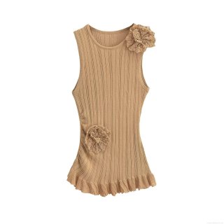 Women's Knitted Sleeveless Tank Top With 3D Flower Decoration Ruffle Hem Slim Fit Light Camel Ribbed Knit Vest For Summer Autumn Party