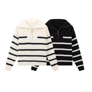 Women's Striped Knit Sweater Long Sleeve Half Zipper Polo Neck Pullover Casual Western Style Jumper Autumn Winter Fashion Knitwear Top