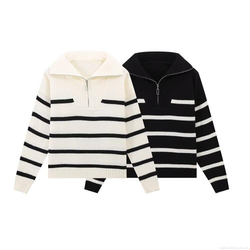 Women's Striped Knit Sweater Long Sleeve Half Zipper Polo Neck Pullover Casual Western Style Jumper Autumn Winter Fashion Knitwear Top