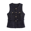 Women's Sequin Tweed Vest Sleeveless Waist Belt Jacket Round Neck Gold Flower Button Tank Top For Party Streetwear Ladies Autumn Outerwear