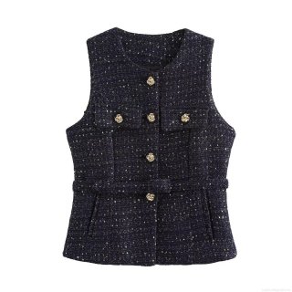 Women's Sequin Tweed Vest Sleeveless Waist Belt Jacket Round Neck Gold Flower Button Tank Top For Party Streetwear Ladies Autumn Outerwear