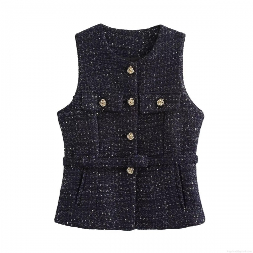 Women's Sequin Tweed Vest Sleeveless Waist Belt Jacket Round Neck Gold Flower Button Tank Top For Party Streetwear Ladies Autumn Outerwear