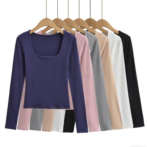Women's Square Neck Long Sleeve T-Shirt Slim Fit Double Layer Polyester Base Layer Top Minimalist Streetwear Solid Color Undershirt For Women