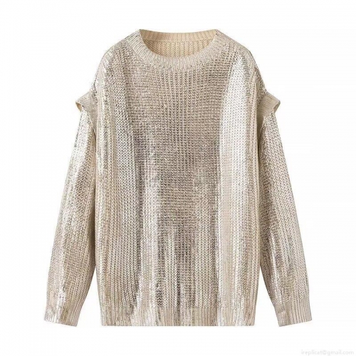 Women's Metallic Sequin Knitted Sweater Cotton Blend Round Neck Long Sleeve Pullover Mid Length Streetwear Party Casual Tops