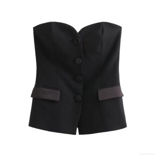 Women's Elegant Satin Patchwork Bandeau Top Strapless Button Decor Slim Fit Sleeveless Vest Sexy Chic Evening Party Clubwear Black Bodice