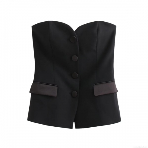 Women's Elegant Satin Patchwork Bandeau Top Strapless Button Decor Slim Fit Sleeveless Vest Sexy Chic Evening Party Clubwear Black Bodice