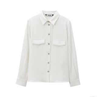 Women's Padded Shoulder Crepe Shirt Long Sleeve Single-Breasted Blouse With Golden Buttons Solid Color Fashion Streetwear Top For Casual Office Wear