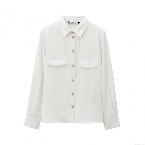 Women's Padded Shoulder Crepe Shirt Long Sleeve Single-Breasted Blouse With Golden Buttons Solid Color Fashion Streetwear Top For Casual Office Wear