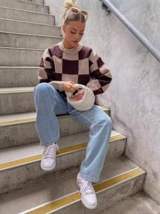 Women's Checkerboard Knitted Sweater Casual Loose Crew Neck Long Sleeve Color Block Pullover Knitwear Streetwear Winter Warm Jumper Top
