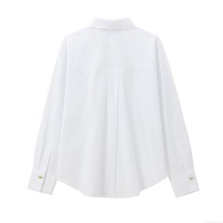 Women's Elegant White Poplin Shirt Long Sleeve Blouse With Irregular Gold Metal Buttons Casual Regular Fit Top For Office Daily Wear Streetwear