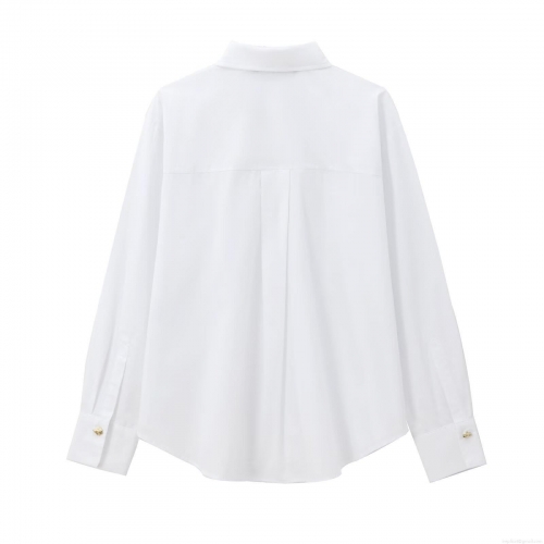 Women's Elegant White Poplin Shirt Long Sleeve Blouse With Irregular Gold Metal Buttons Casual Regular Fit Top For Office Daily Wear Streetwear