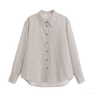 Women's Fashion Striped Long Sleeve Shirt Polyester Button Down Lapel Blouse Casual Chic Office Streetwear Spliced Top Vertical Stripes