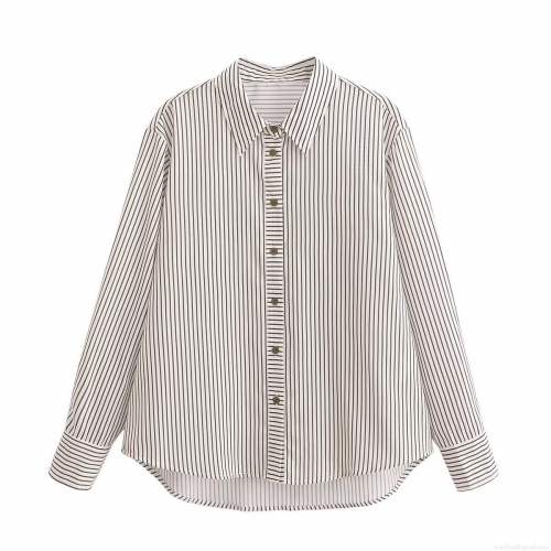 Women's Fashion Striped Long Sleeve Shirt Polyester Button Down Lapel Blouse Casual Chic Office Streetwear Spliced Top Vertical Stripes