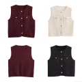 Women Elegant Tweed Knit Vest Round Neck Gold Button Sleeveless Cardigan Vintage Streetwear Pocket Waistcoat Top For Ladies Autumn Winter