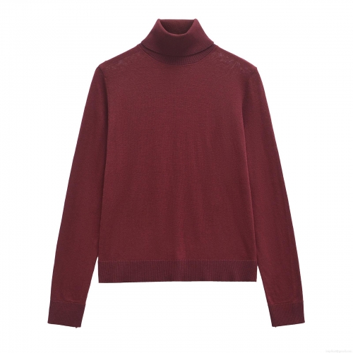 Women's Wine Red Turtleneck Knit Sweater Elegant Long Sleeve Slim Fit Pullover Top For Winter Daily Wear Casual Soft Warm Polyester Jumper