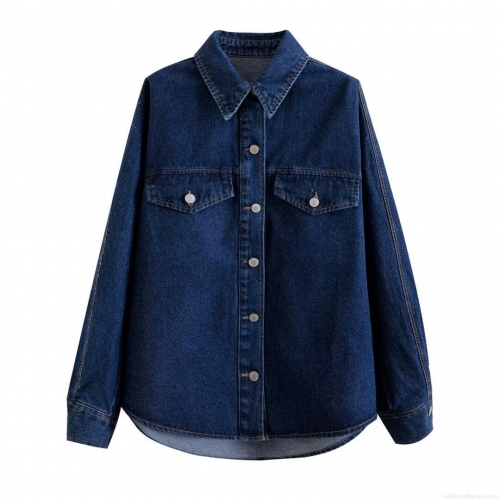 Women's Fashion Long Sleeve Denim Shirt Lapel Single Breasted Jean Jacket Top With Pockets For Winter Casual Streetwear Ladies Clothing