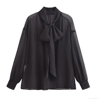 Women's Black Sheer Chiffon Blouse Elegant Bow Tie Neck Long Sleeve Vertical Striped Shirt With Lurex Silver Thread Casual Office Wear