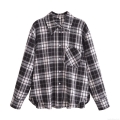 Vintage Black and White Plaid Shirt For Women 100% Polyester Long Sleeve Button Down Blouse Casual Daily Wear Top With Pocket Arc Hem