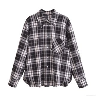 Vintage Black and White Plaid Shirt For Women 100% Polyester Long Sleeve Button Down Blouse Casual Daily Wear Top With Pocket Arc Hem