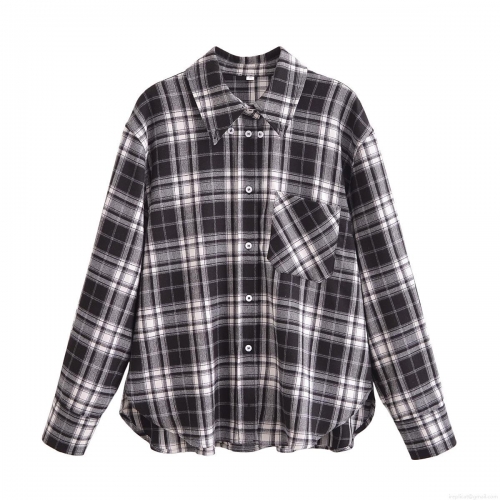 Vintage Black and White Plaid Shirt For Women 100% Polyester Long Sleeve Button Down Blouse Casual Daily Wear Top With Pocket Arc Hem