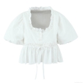 Women's French Style White Cotton Puff Sleeve Blouse Square Neck Bow Tied Drawstring Crop Top Short Sleeve Shirts For Summer Daily Party Casual Streetwear Tops