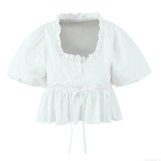 Women's French Style White Cotton Puff Sleeve Blouse Square Neck Bow Tied Drawstring Crop Top Short Sleeve Shirts For Summer Daily Party Casual Streetwear Tops