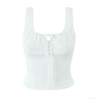 Women's European Fashion Lace Embroidery Bow Tie Camisole Tank Top Ribbed Knit Sleeveless Slim Fit Short Crop Top With Back Zipper For Summer Party Clubwear White