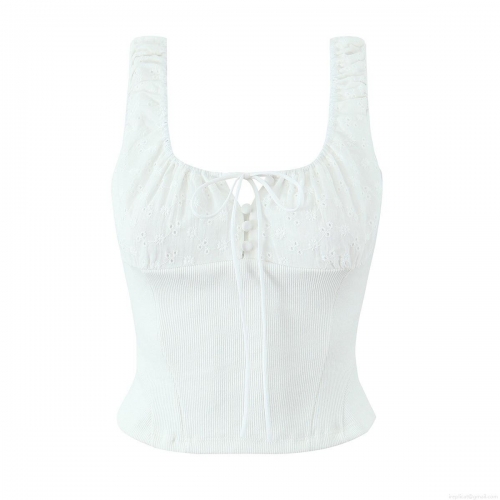 Women's European Fashion Lace Embroidery Bow Tie Camisole Tank Top Ribbed Knit Sleeveless Slim Fit Short Crop Top With Back Zipper For Summer Party Clubwear White
