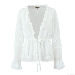 Women's Sexy V-Neck Ruffle Chiffon Blouse Long Sleeve Drawstring Waist Shirt Elegant White Streetwear Top For Ladies Spring Autumn Wear