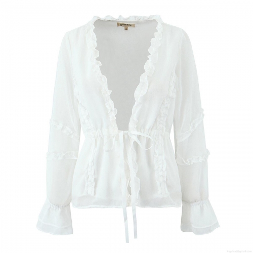Women's Sexy V-Neck Ruffle Chiffon Blouse Long Sleeve Drawstring Waist Shirt Elegant White Streetwear Top For Ladies Spring Autumn Wear