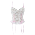 Women White Lace Cami Top With Pink Ribbon Bow Adjustable Spaghetti Straps Slim Fit Bustier Corset Tank Top For Summer Party Clubwear Streetwear Y2K Chic Style