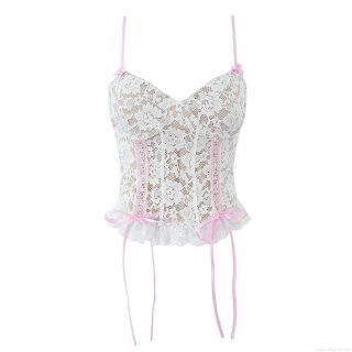 Women White Lace Cami Top With Pink Ribbon Bow Adjustable Spaghetti Straps Slim Fit Bustier Corset Tank Top For Summer Party Clubwear Streetwear Y2K Chic Style
