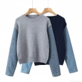 Women's Fashion Denim Patchwork Knit Pullover Sweater Round Neck Long Sleeve Casual Streetwear Contrast Color Knitwear Top