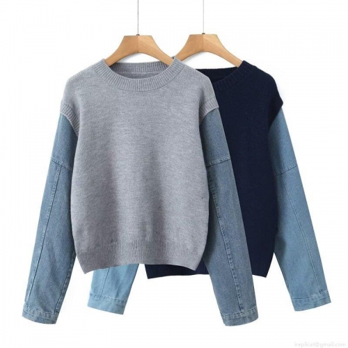 Women's Fashion Denim Patchwork Knit Pullover Sweater Round Neck Long Sleeve Casual Streetwear Contrast Color Knitwear Top
