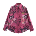 Women's Fashion Satin Texture Floral Leaf Printed Long Sleeve Shirt European Style Button Down Polyester Blouse Top For Daily Office Streetwear