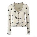 Women's V-Neck Mesh Floral Cardigan Top With Ruffle Long Sleeve Slim Fit Polyester Spandex Lace Blouse For Daily Dating Street Style Spring Fashion