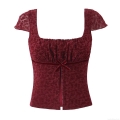 Women's Vintage Wine Red Floral Lace Short Sleeve Top Square Neck Slim Fit Bow Design Burn-out Fabric Sexy Streetwear Blouse For Women