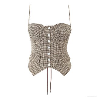 Women Houndstooth Camisole Top Vintage Slim Fit Fishbone Corset Style Lace Up Back Button Front Crop Top Sexy Bodycon Vest For Party Club Wear