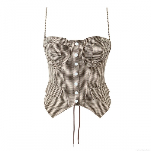 Women Houndstooth Camisole Top Vintage Slim Fit Fishbone Corset Style Lace Up Back Button Front Crop Top Sexy Bodycon Vest For Party Club Wear