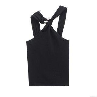 Women's Sexy Halter Neck Crisscross Black Backless Tank Top Slim Fit Mercerized Cotton Polyester Sleeveless Camisole With Metal Ring For Party Nightclub Streetwear Summer