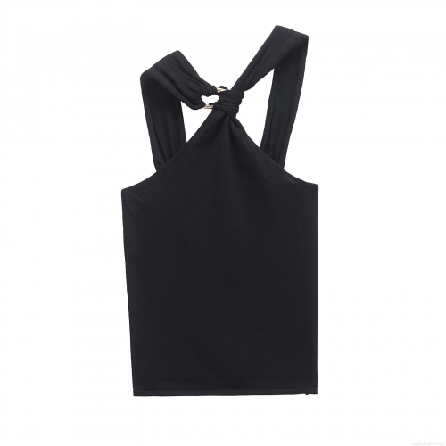 Women's Sexy Halter Neck Crisscross Black Backless Tank Top Slim Fit Mercerized Cotton Polyester Sleeveless Camisole With Metal Ring For Party Nightclub Streetwear Summer