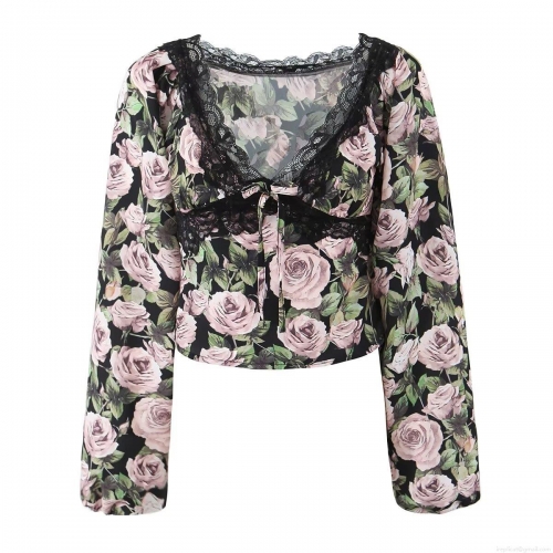 Women's Retro V-Neck Long Sleeve Lace Blouse Pink Rose Floral Print Slim Pullover Shirt Top For Spring Autumn Daily Wear