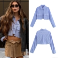 Women's 100% Polyester Blue and White Vertical Striped Long Sleeve Crop Shirt Fashion Button Down Blouse with Dual Pockets for Spring Autumn Streetwear Casual Style