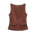 Women's Faux Suede Sleeveless Vest Top Solid Color Matte Texture With Back Zipper And Flap Pockets Streetwear Fashion Brown Tank Top For Women