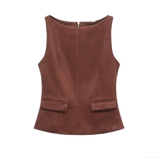 Women's Faux Suede Sleeveless Vest Top Solid Color Matte Texture With Back Zipper And Flap Pockets Streetwear Fashion Brown Tank Top For Women